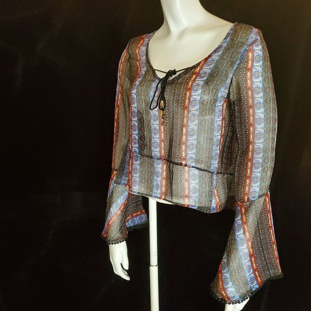 Abercrombie & Fitch Black, Blue, & Red Striped Sheer Bell Sleeve Blouse …
